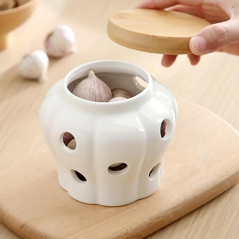 Ceramic Garlic Keeper with Bamboo Lid - Garlic Storage Container