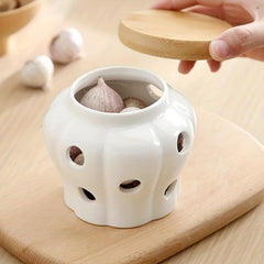 Ceramic Garlic Keeper with Bamboo Lid - Garlic Storage Container