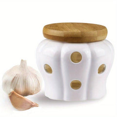 Ceramic Garlic Keeper with Bamboo Lid - Garlic Storage Container