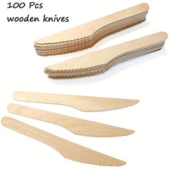 100 Pack Disposable Wooden Knives, Eco Friendly, Compostable