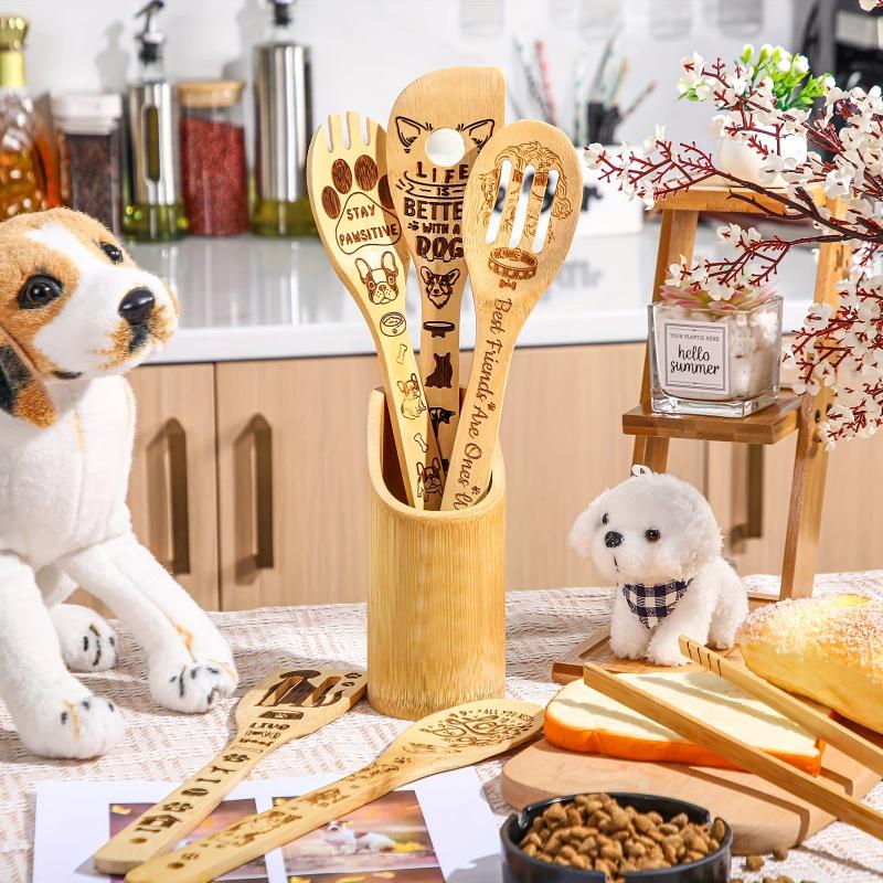 5pcs Dog Theme Bamboo Kitchen Utensils Set - Non-Stick Cooking Tools