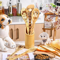5pcs Dog Theme Bamboo Kitchen Utensils Set - Non-Stick Cooking Tools