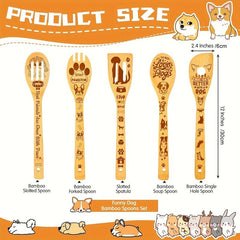 5pcs Dog Theme Bamboo Kitchen Utensils Set - Non-Stick Cooking Tools