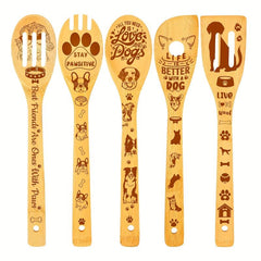 5pcs Dog Theme Bamboo Kitchen Utensils Set - Non-Stick Cooking Tools