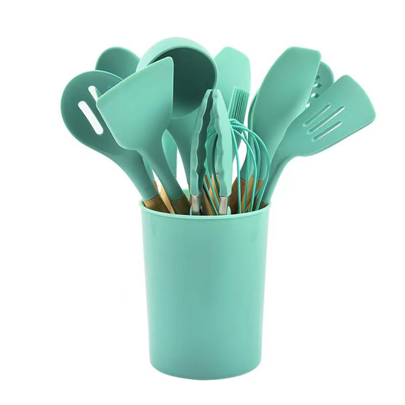 12pcs Silicone Cooking Utensils Set with Wooden Handle Non stick Pot