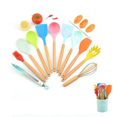 12pcs Silicone Cooking Utensils Set with Wooden Handle Non stick Pot