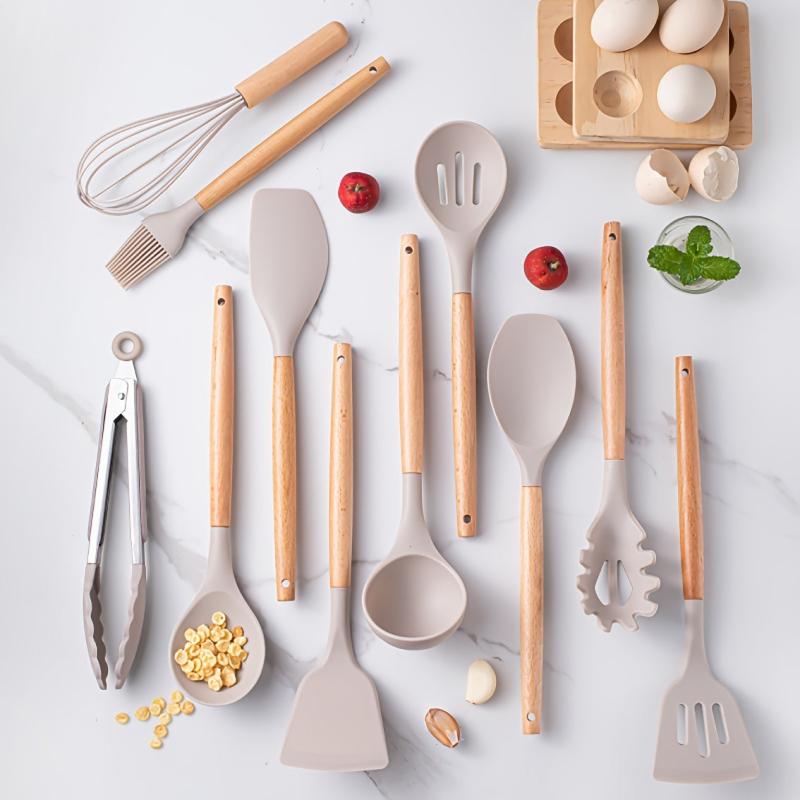 12pcs Silicone Cooking Utensils Set with Wooden Handle Non stick Pot