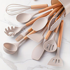 12pcs Silicone Cooking Utensils Set with Wooden Handle Non stick Pot