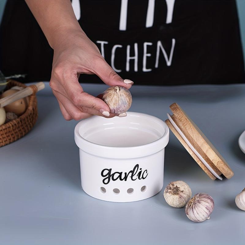 Small Ceramic Garlic Keeper with Wood Lid - Storage Container for Counters