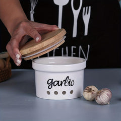 Small Ceramic Garlic Keeper with Wood Lid - Storage Container for Counters