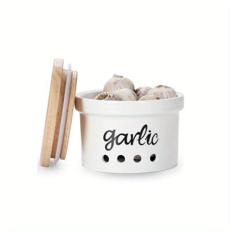 Small Ceramic Garlic Keeper with Wood Lid - Storage Container for Counters