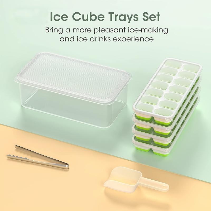 4 Pack Ice Cube Tray with Lid and Bin - Silicone & Plastic Ice Cube Trays