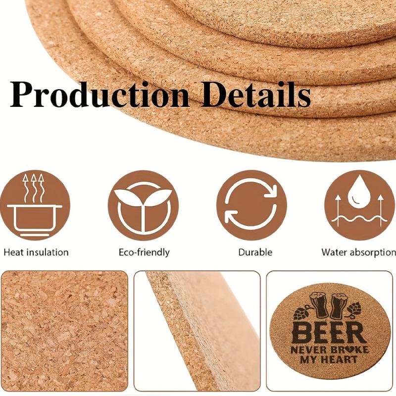 6pcs Cork Round Coaster Grid Pattern Solid Coasters Engraved Beer Cork Mats