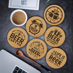 6pcs Cork Round Coaster Grid Pattern Solid Coasters Engraved Beer Cork Mats