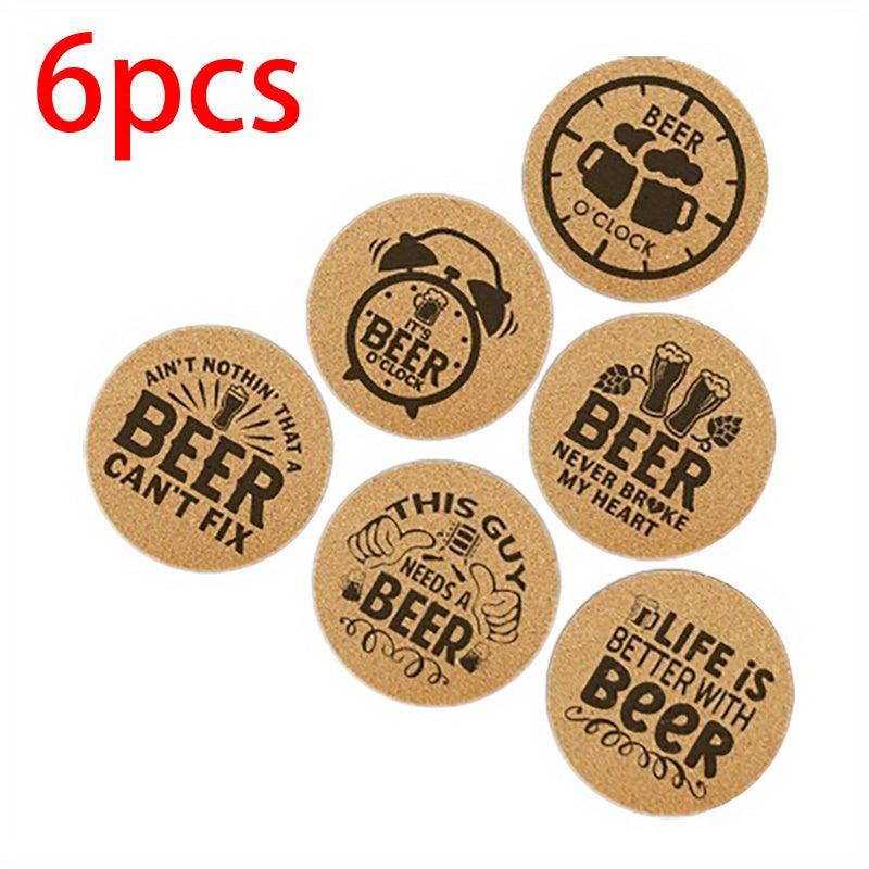 6pcs Cork Round Coaster Grid Pattern Solid Coasters Engraved Beer Cork Mats