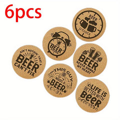 6pcs Cork Round Coaster Grid Pattern Solid Coasters Engraved Beer Cork Mats