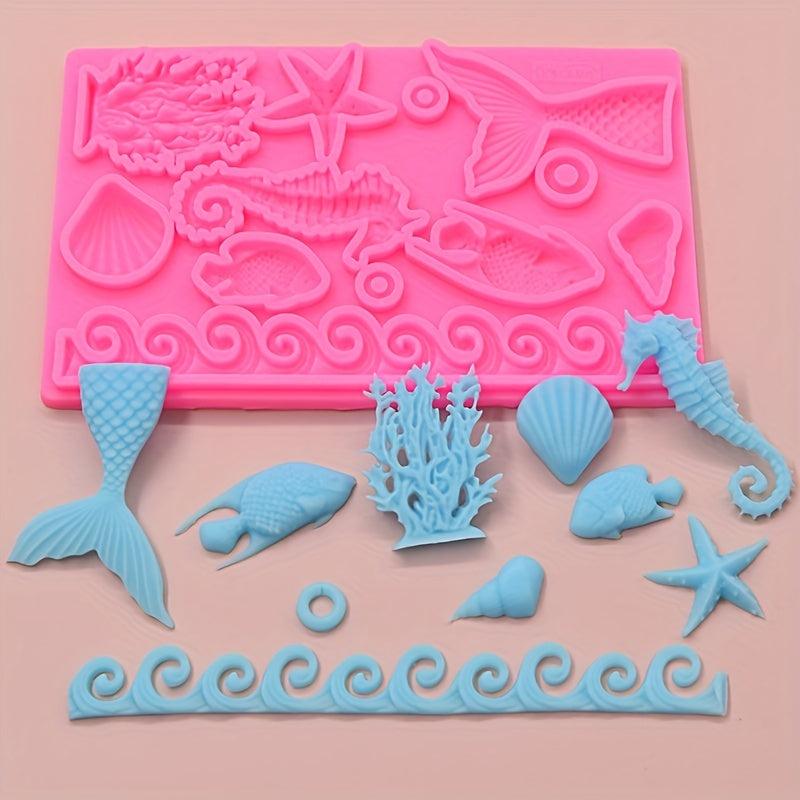 Ocean Animals Fondant Mold 3D Silicone Mold Sea Waves And Marine Life Candy Mold