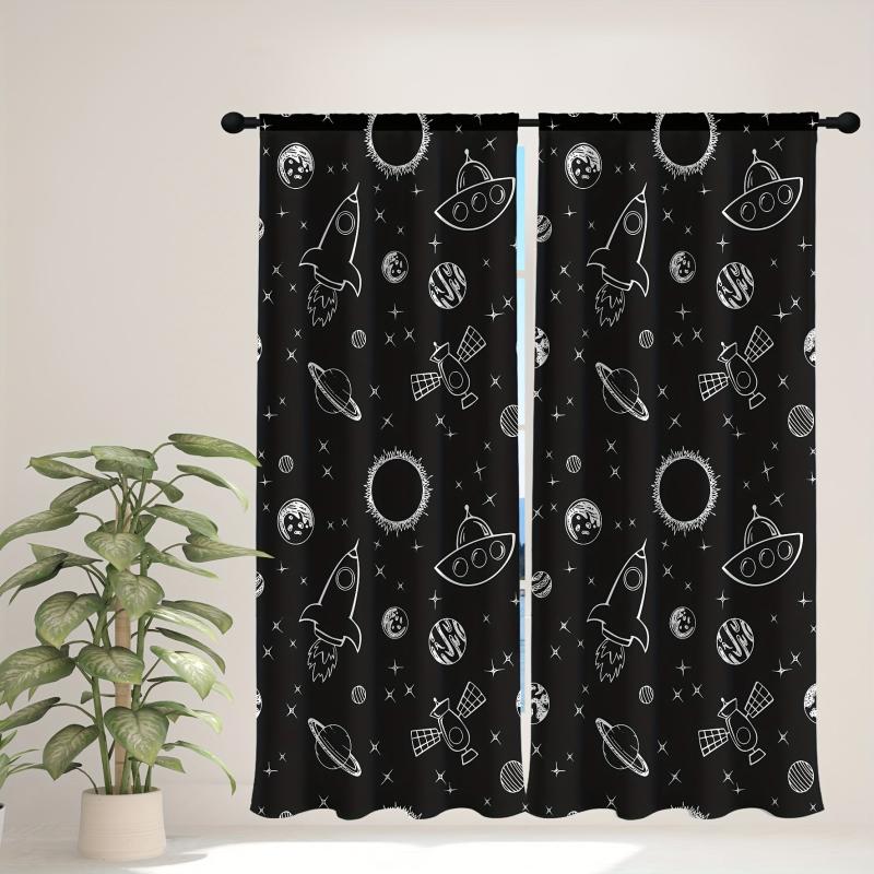 2pcs Stars Space Rocket Spaceship Printed Curtains For Bedroom
