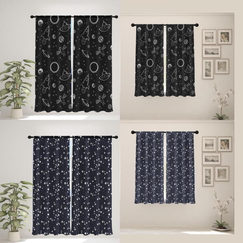 2pcs Stars Space Rocket Spaceship Printed Curtains For Bedroom