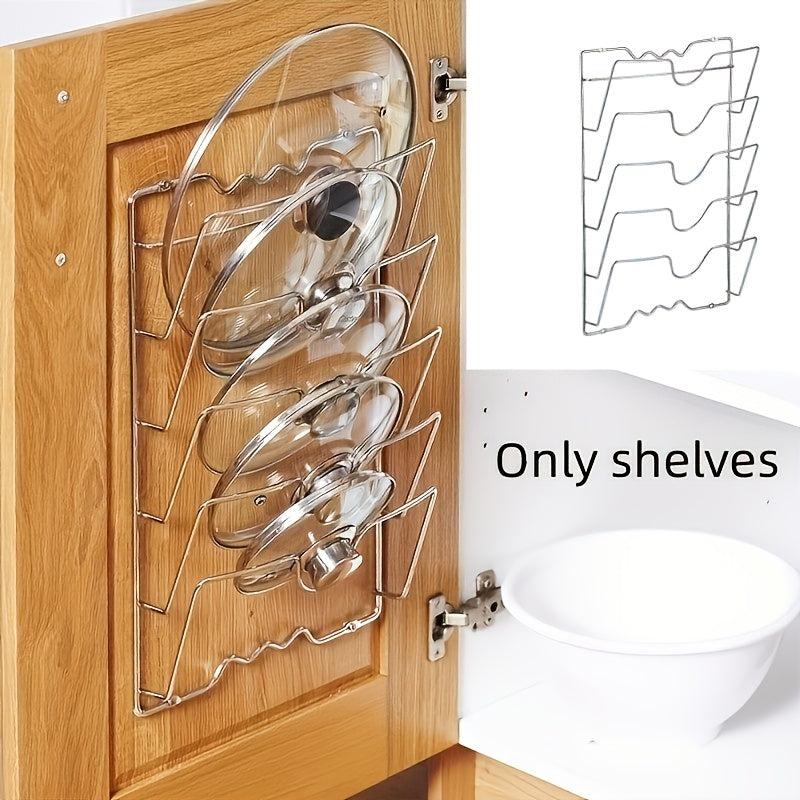 Stainless Steel 5 Tier Pot & Lid Rack w/Cutting Board Storage
