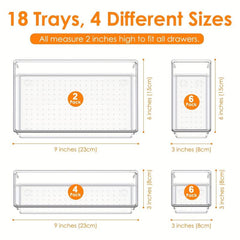 18pcs Clear Plastic Flatware and Utensils Storage Tray Set