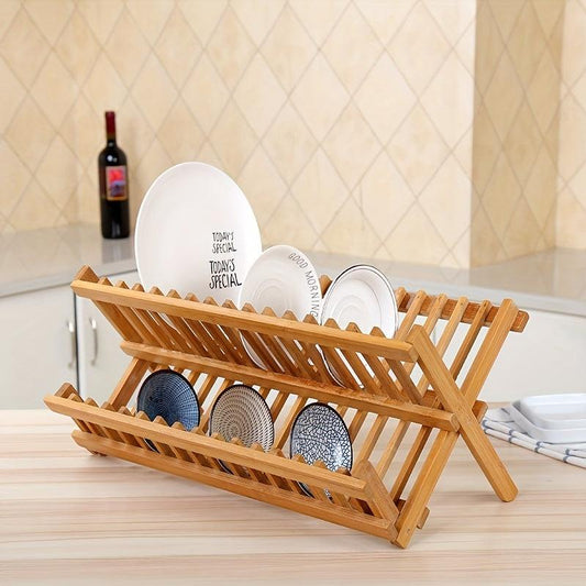Bamboo 2 Tier Dish Rack Folding Collapsible Drainer Dish Drying Rack