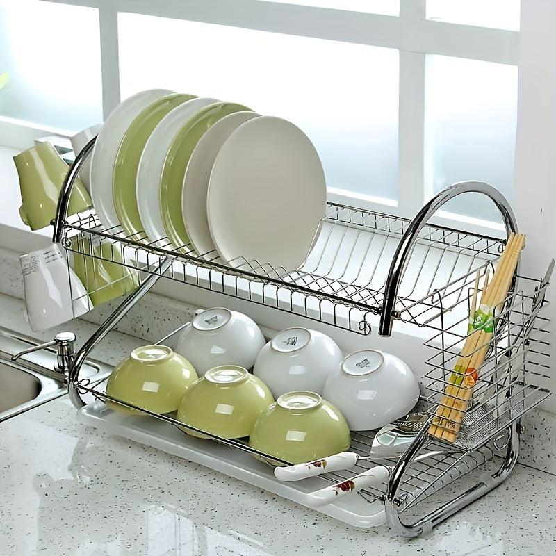 Large Capacity Double Layer Dish Rack with Water Filter Bowl Holder Cup Holder