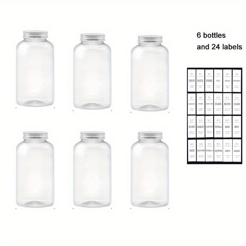 6pcs Transparent PET Food Jar with 24 Labels, Portable Candy Jar