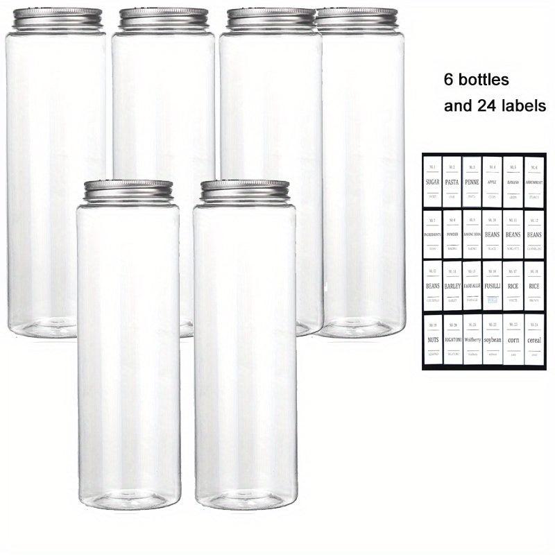6pcs Transparent PET Food Jar with 24 Labels, Portable Candy Jar