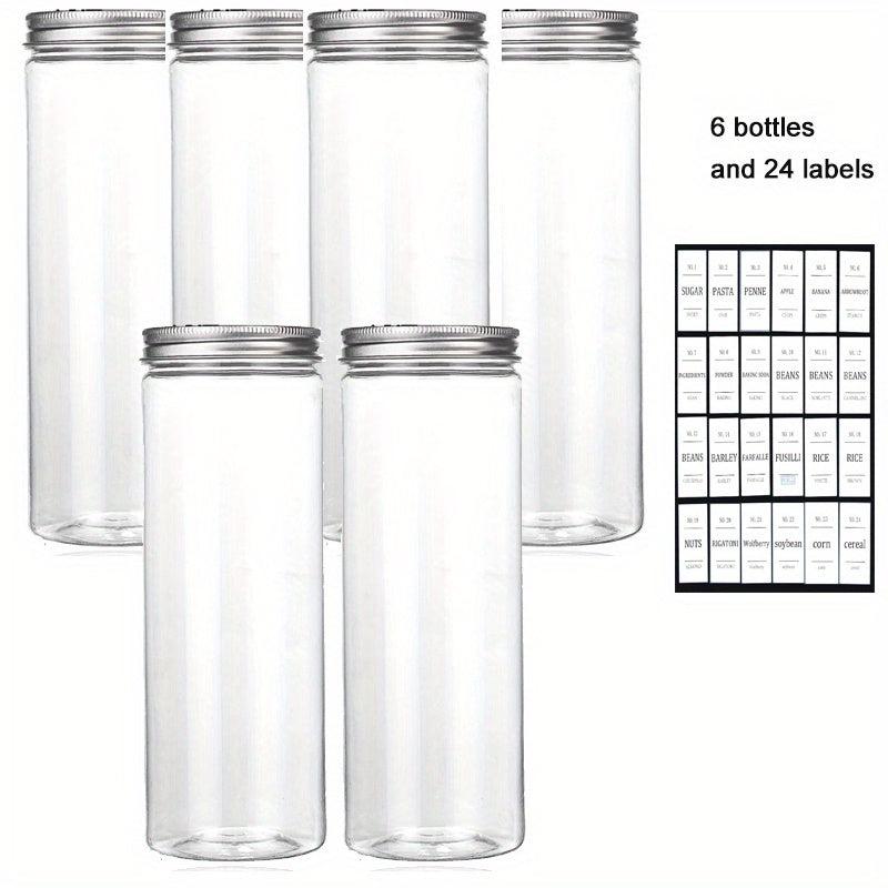 6pcs Transparent PET Food Jar with 24 Labels, Portable Candy Jar