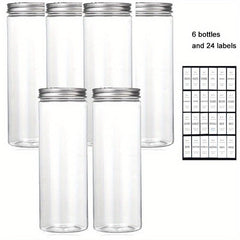 6pcs Transparent PET Food Jar with 24 Labels, Portable Candy Jar