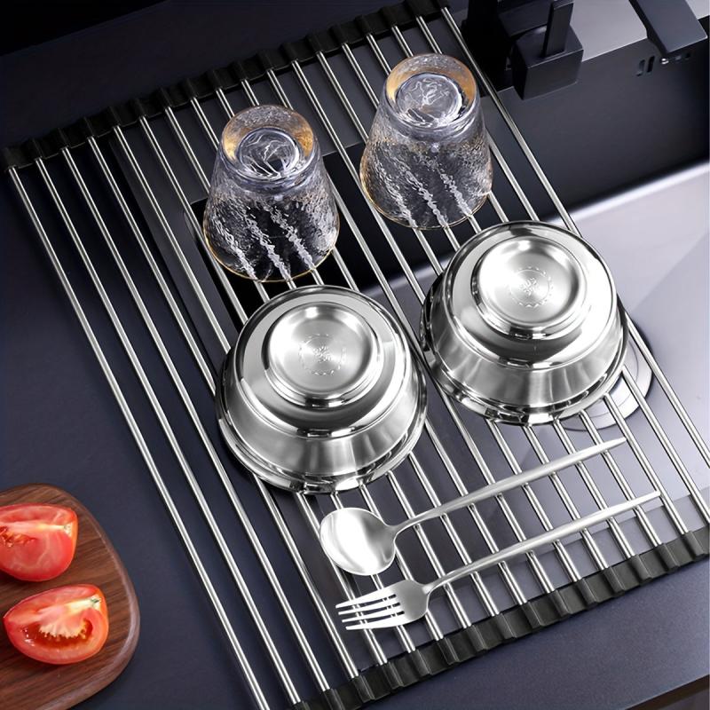 Expandable Roll Up Dish Rack Over the Sink Drainer Stretchable Drying Rack