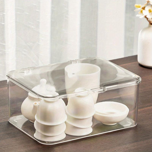 Large Acrylic Tea Set Storage Box with Lid and Drain Board