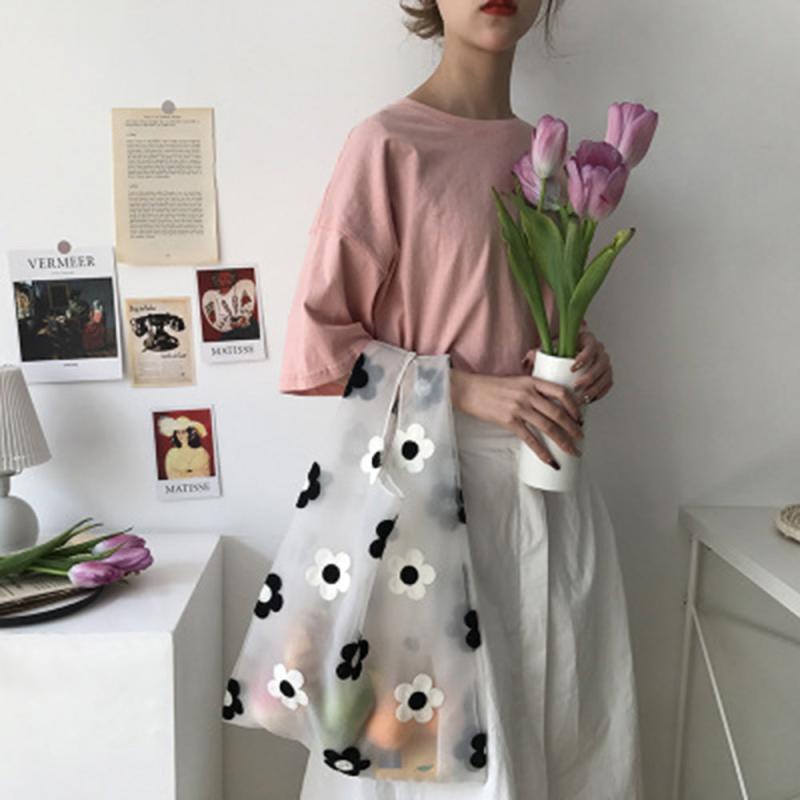 Embroidered Clear Organza Tote Recycle Shopping Bag Shoulder Bags For Female
