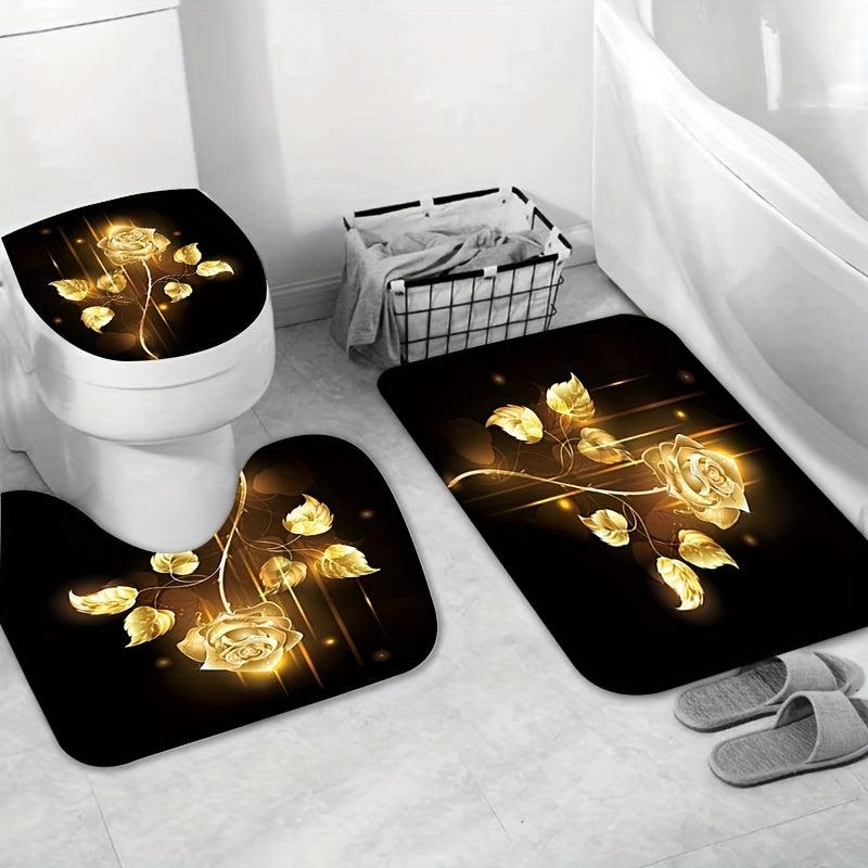 Yellow Rose Shower Curtain Set with Non Slip Rug and Toilet Mat