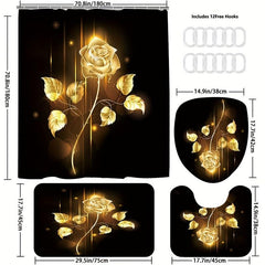 Yellow Rose Shower Curtain Set with Non Slip Rug and Toilet Mat