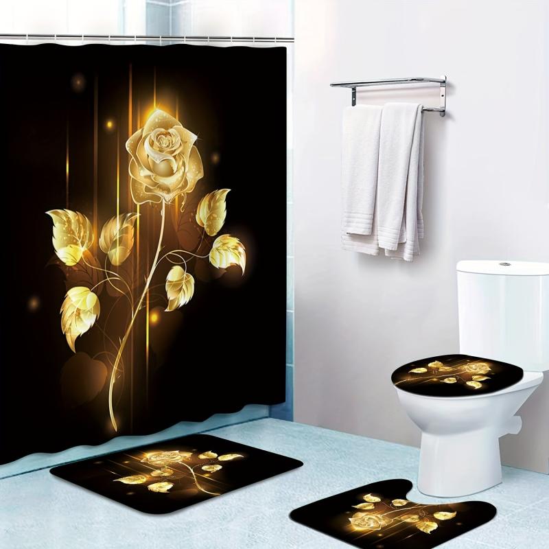 Yellow Rose Shower Curtain Set with Non Slip Rug and Toilet Mat