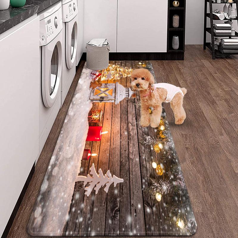 Merry Christmas Wooden Board Print Floor Mat Waterproof Non slip Area Rug