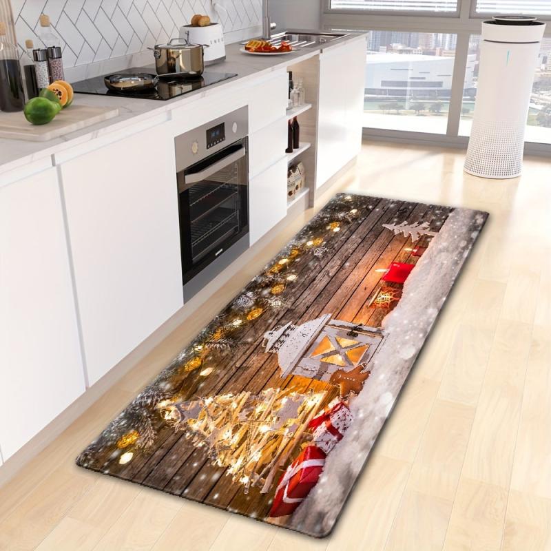 Merry Christmas Wooden Board Print Floor Mat Waterproof Non slip Area Rug