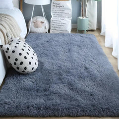 Grey Fuzzy Rug Polyester Plush Floor Mat For Living Room And Bedroom