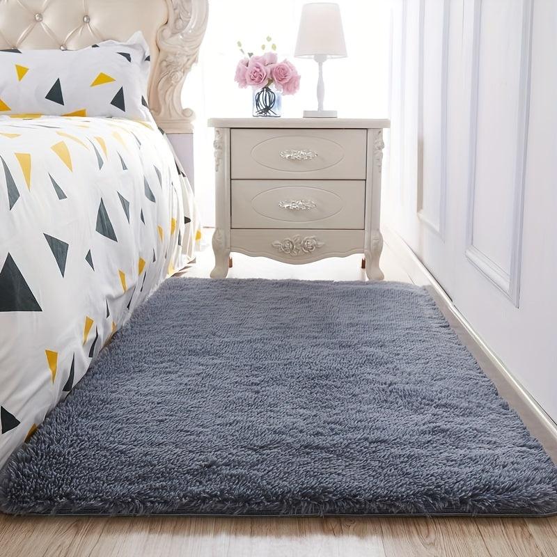 Grey Fuzzy Rug Polyester Plush Floor Mat For Living Room And Bedroom
