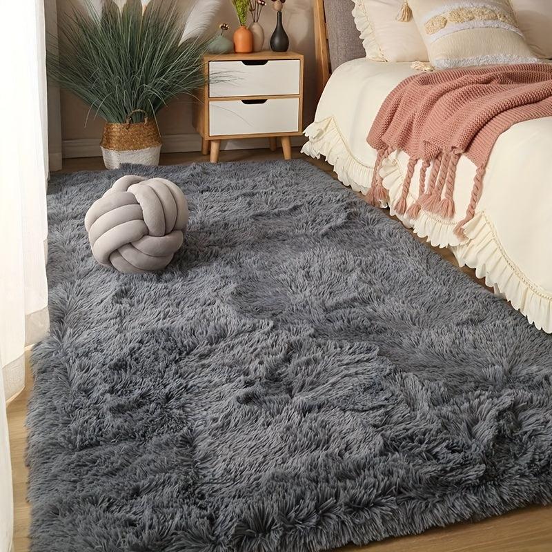 Grey Fuzzy Rug Polyester Plush Floor Mat For Living Room And Bedroom