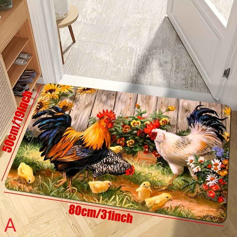 Vibrant Chicken and Flower Floor Mat for Home Decor