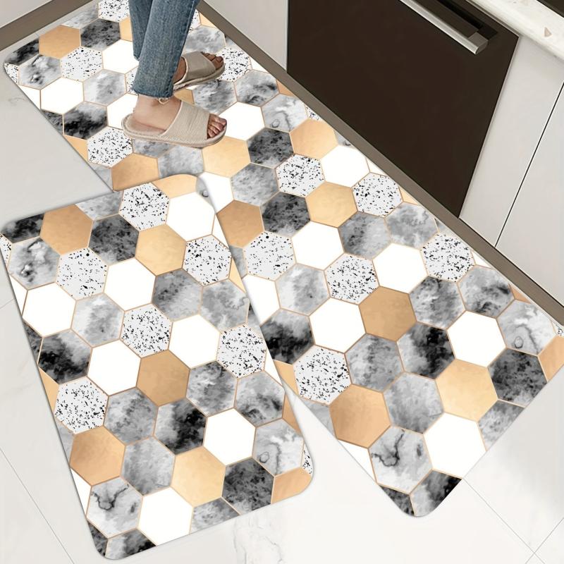 Golden Marble Kitchen Mat Geometric Rugs Cushioned Comfort