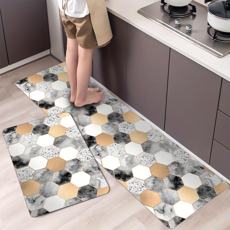 Golden Marble Kitchen Mat Geometric Rugs Cushioned Comfort