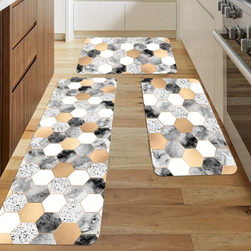 Golden Marble Kitchen Mat Geometric Rugs Cushioned Comfort