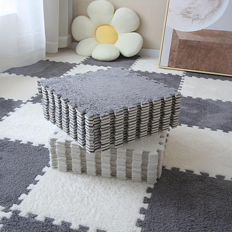 12pcs Plush Puzzle Foam Floor Mat Square Interlocking Carpet Fluffy Area Rug