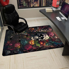 Skull Rose Floral Pattern Area Rug Halloween Element Carpet
