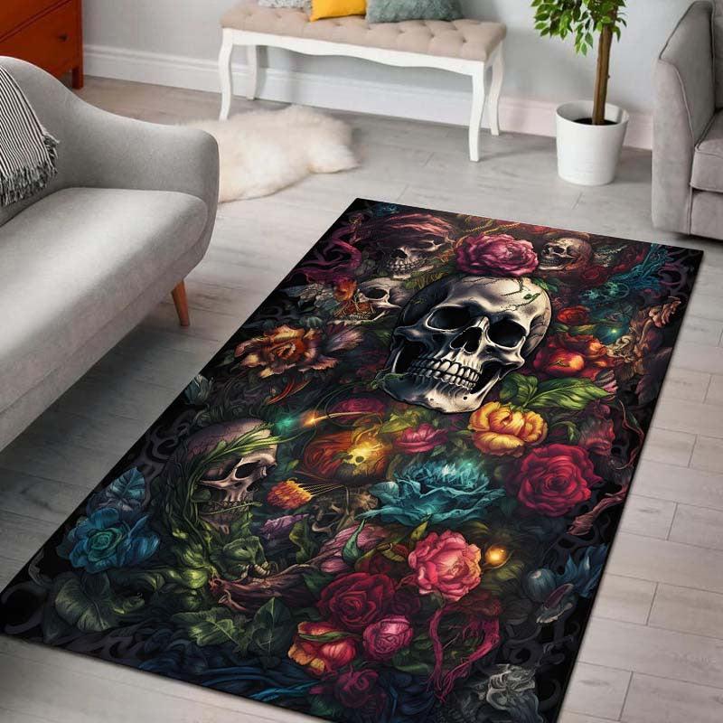 Skull Rose Floral Pattern Area Rug Halloween Element Carpet