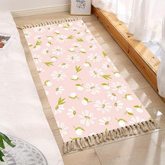 Long Cotton Floral Print Rug with Tassel For Bedroom Decor